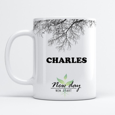 Beautum Charles Printed New Day New Start White Name Model No:NDNS003701 Ceramic Coffee Mug(350 ml)