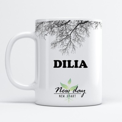 Beautum Dilia Printed New Day New Start White Name Model No:NDNS004948 Ceramic Coffee Mug(350 ml)