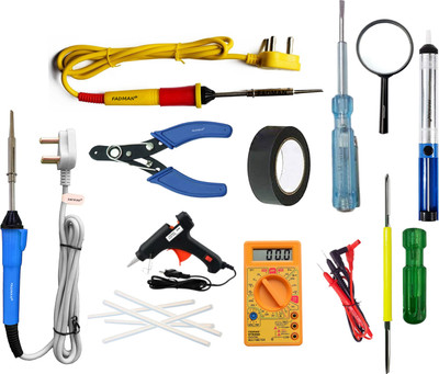 FADMAN 1Pc Desolder Pump|1Pc Magnifying Glass|1Pc Screw Driver 2IN1|1Pc Tester|1Pc Multimeter|1Pc Cutter|1Pc 20w Glue Gun|Sticks(5)|1Pc Tape|2Pcs Soldering Iron 25 W Simple(Flat Tip)