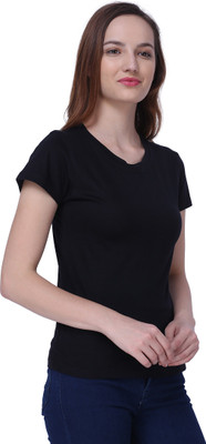 Semantic Solid Women Round Neck Black T-Shirt