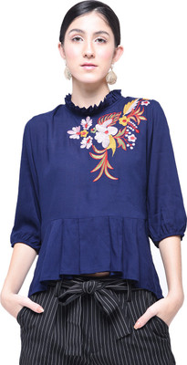 HRIKSHIKA FASHION Formal Regular Sleeve Embroidered Women Dark Blue Top