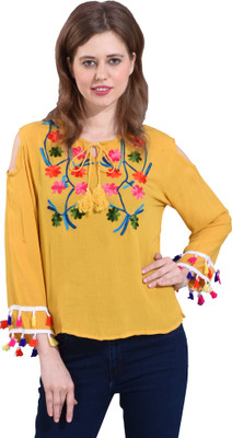 HRIKSHIKA FASHION Casual 3/4 Sleeve Embroidered Women Yellow Top