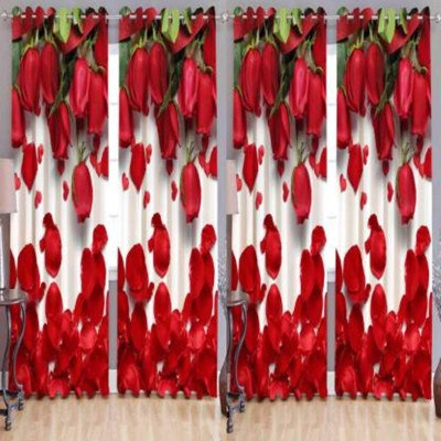 BELLA TRUE 151 cm (5 ft) Polyester Semi Transparent Window Curtain (Pack Of 4)(Floral, Red, White)