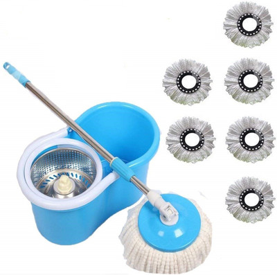 GTE Magic Spin Mop Bucket Floor Cleaning Steel Wringer Mop With 6 Microfibers Heads Mop Set(Multicolor)