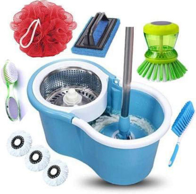 GTE Magic Spin Mop Bucket Floor Cleaning & Steel Wringer Spin Mop With 3 Microfibers Mop Set(Blue)