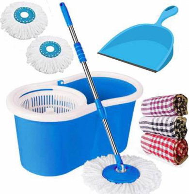GTE Magic Spin Mop 360° Rotating Pole & Bucket Wet & Dry Mop 2 Microfiber Heads Get, Dustpan, Kitchen cloth Mop Set