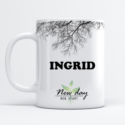 Beautum Ingrid Printed New Day New Start White Name Model No:NDNS007314 Ceramic Coffee Mug(350 ml)