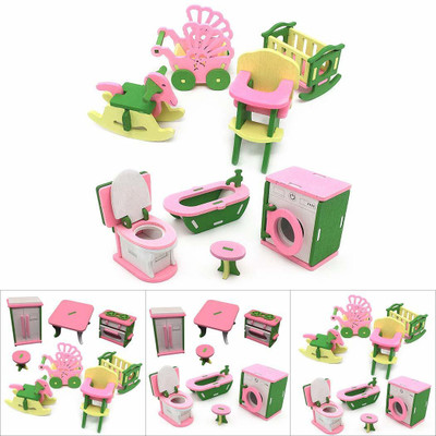 Coofit 2 Set Furniture Toy Miniature Wooden Doll Furniture Set Dollhouse Furniture Toy -- kitchen and mother infant room [CAT_12305]