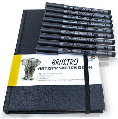 BRuSTRO Artists Sketch Book Stitched Bound A5 Size, 110 GSM, 160 Pages Acid Free & Technical Pen (Pack of 9)