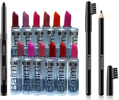 ROSEDALE Smudge Proof HDA55 Makeup Beauty Kajal & ADS Balm Matte Lipstick Set Of 12 Multi Color & The Beauty Black Eyebrow Brush Pencil(14 Items in the set)