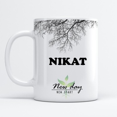 Beautum Nikat Printed New Day New Start White Name Model No:NDNS014576 Ceramic Coffee Mug(350 ml)