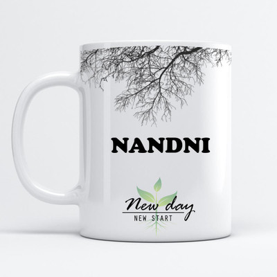 Beautum Nandni Printed New Day New Start White Name Model No:NDNS013874 Ceramic Coffee Mug(350 ml)