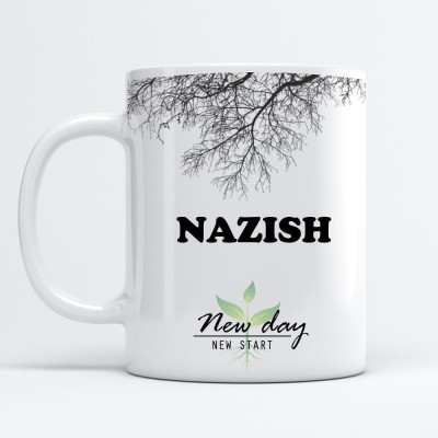 Beautum Nazish Printed New Day New Start White Name Model No:NDNS014202 Ceramic Coffee Mug(350 ml)