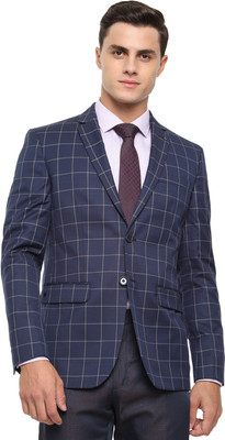 LOUIS PHILIPPE Checkered Single Breasted Formal Men Blazer(Dark Blue)