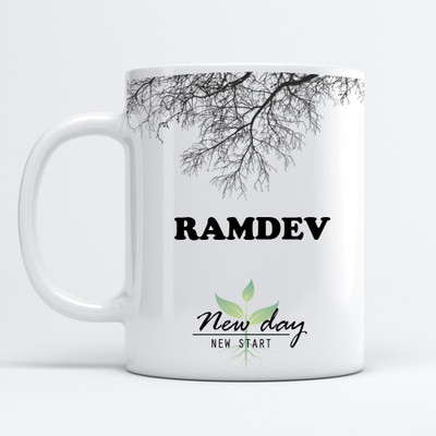 Beautum Ramdev Printed New Day New Start White Name Model No:NDNS016806 Ceramic Coffee Mug(350 ml)