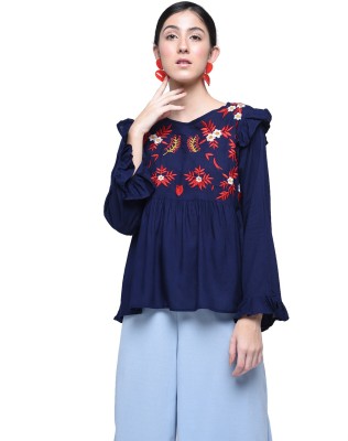 HRIKSHIKA FASHION Casual Full Sleeve Embroidered Women Dark Blue Top