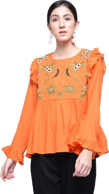 HRIKSHIKA FASHION Casual Full Sleeve Embroidered Women Orange Top