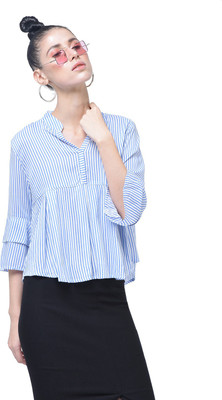 HRIKSHIKA FASHION Casual Layered Sleeve Striped Women Blue Top