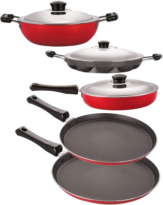 NIRLON Non-Stick 5 Piece PFOA Free Kitchen Cooking Utensils Gift Set with Stainless Steel Lid, Red & Black Non-Stick Coated Cookware Set(PTFE (Non-stick), Aluminium, 5 - Piece)