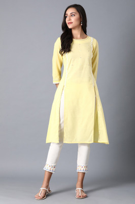 W Women Embroidered, Solid Straight Kurta(Yellow)