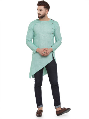 Aarsha Men Solid Asymmetric Kurta(Green)