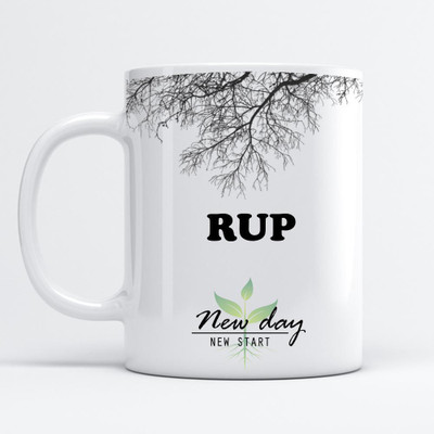 Beautum Rup Printed New Day New Start White Name Model No:NDNS018114 Ceramic Coffee Mug(350 ml)