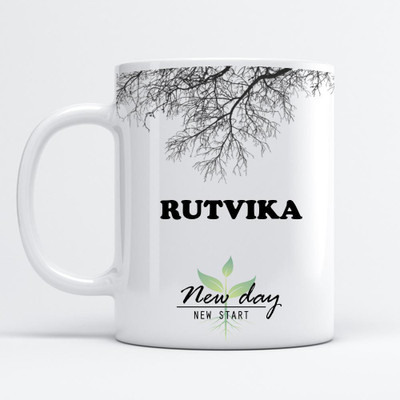 Beautum Rutvika Printed New Day New Start White Name Model No:NDNS018185 Ceramic Coffee Mug(350 ml)