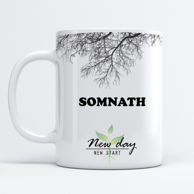 Beautum Somnath Printed New Day New Start White Name Model No:NDNS020807 Ceramic Coffee Mug(350 ml)