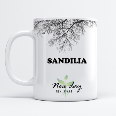 Beautum Sandilia Printed New Day New Start White Name Model No:NDNS018780 Ceramic Coffee Mug(350 ml)