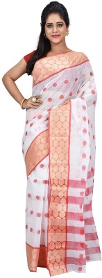 Desh Bidesh Self Design, Paisley, Temple Border, Striped, Embellished, Woven Tant Handloom Pure Cotton Saree(Red, White)