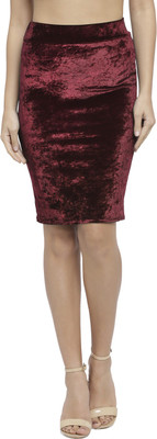 N-gal Solid Women Pencil Maroon Skirt