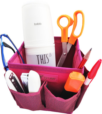 TUHI 9 Compartments Nylon Multi Purpose 8 Pocket Holder,Makeup Holder,Pen Holder desk organizer(Dark Pink)