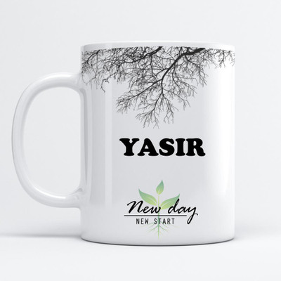 Beautum Yasir Printed New Day New Start White Name Model No:NDNS023417 Ceramic Coffee Mug(350 ml)