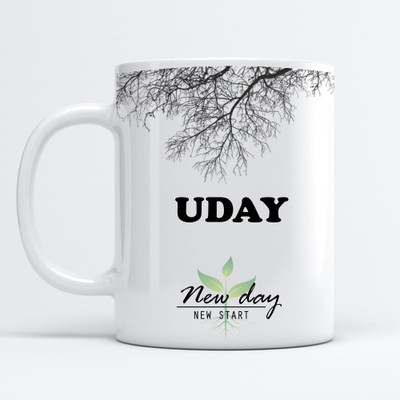 Beautum Uday Printed New Day New Start White Name Model No:NDNS022420 Ceramic Coffee Mug(350 ml)