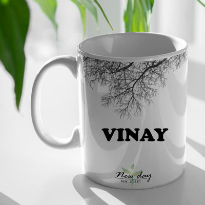 Beautum Vinay Printed New Day New Start White Name Model No:NDNS022925 Ceramic Coffee Mug(350 ml)