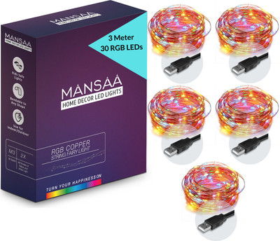 MANSAA 30 LEDs 3.05 m Multicolor Steady String Rice Lights(Pack of 5)