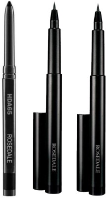 ROSEDALE Smudge Proof HDA65 Makeup Beauty Kajal & High Quality Colossal Instan Drama Pen Liquid Black Eyeliner(3 Items in the set)