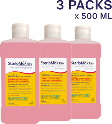 SterloMax Pack of 3 - 80% Ethanol-based Hand Rub Sanitizer and Disinfectant 500 ML Hand Sanitizer Bottle (3 x 500 ml)