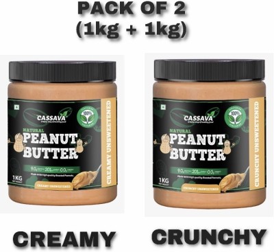 cassava Peanut Butter All Natural Creamy & Crunchy , 1kg + 1kg (Unsweetened High protein High fiber Zero Cholesterol) Pack of 2 2 kg(Pack of 2)