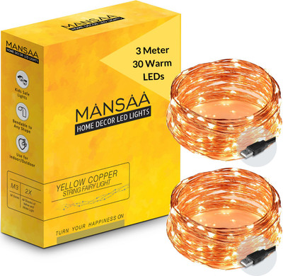 MANSAA 30 LEDs 3.05 m Yellow Steady String Rice Lights(Pack of 2)