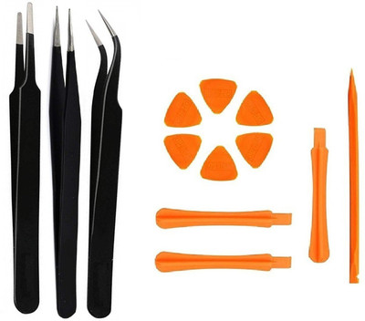 wroughton Set of 3 ESD Non-Magnetic Tweezers Set for Electronics,Mobile & Gadgets-Flat,Straight & Curved With ESD Safe Anti-static Fiber Plastic Opening Pry Tools for Mobile & Gadgets Disassembly Kit Precision Screwdriver Set(Pack of 13)