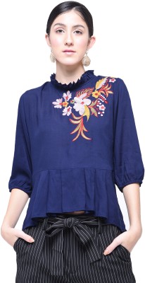 HRIKSHIKA FASHION Casual 3/4 Sleeve Embroidered Women Blue Top