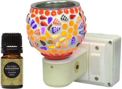 FStyler Sandalwood Aroma Oil Diffuser Set Electric Glossy Ceramic Aroma Oil Diffuser/Kapoor Dani/ Camphor Burner with Switch (in-Built On/Off Button for Heating) Hand-Crafted Incense Burner for Home, Office, Temple, Positive Energy and Ambiance with Sandalwood Aroma Oil 10ml(10 ml)