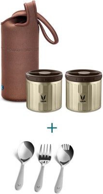 Vaya Preserve LunchKit with Cutlery Set - 600 ml (2 x 300 ml) Graphite Vacuum Insulated Stainless Steel Meal Container with Brown Lunch Bag & Cutlery Set, Meal Jar, Soup Box - 2 Containers Lunch Box(600 ml)