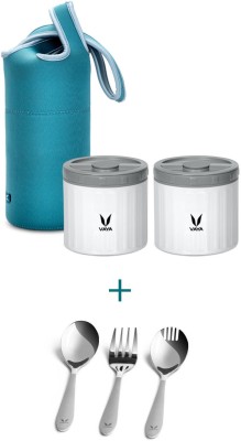 Vaya Preserve LunchKit with Cutlery Set - 600 ml (2 x 300 ml) White Vacuum Insulated Stainless Steel Meal Container with Blue lunch bag & Cutlery Set, Soup Box, Lunch Box - 2 Containers Lunch Box(600 ml, Thermoware)