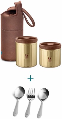 Vaya Preserve LunchKit with Cutlery Set - 800 ml (1 x 300 ml + 1 x 500 ml) Gold Vacuum Insulated Stainless Steel Meal Container with Brown Lunch Bag & Cutlery Set, Meal Carrier - 2 Containers Lunch Box(800 ml, Thermoware)