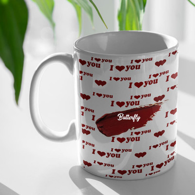 Beautum I Love you Butterfly Printed White Ceramic Coffee Mug(350 ml)