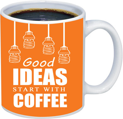 ADI Creations Good IDEAS Start With Coffe Symbol Printed on Solid Orange Designer Ceramic Coffee Mug(350 ml)