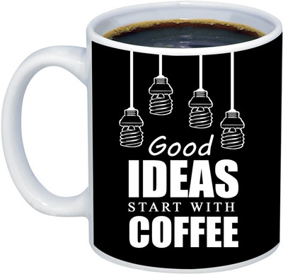 ADI Creations Good IDEAS Start With Coffe Symbol Printed on Solid Black Designer Ceramic Coffee Mug(350 ml)