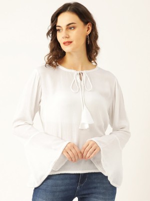 Marc Loire Casual Bell Sleeve Solid Women White Top